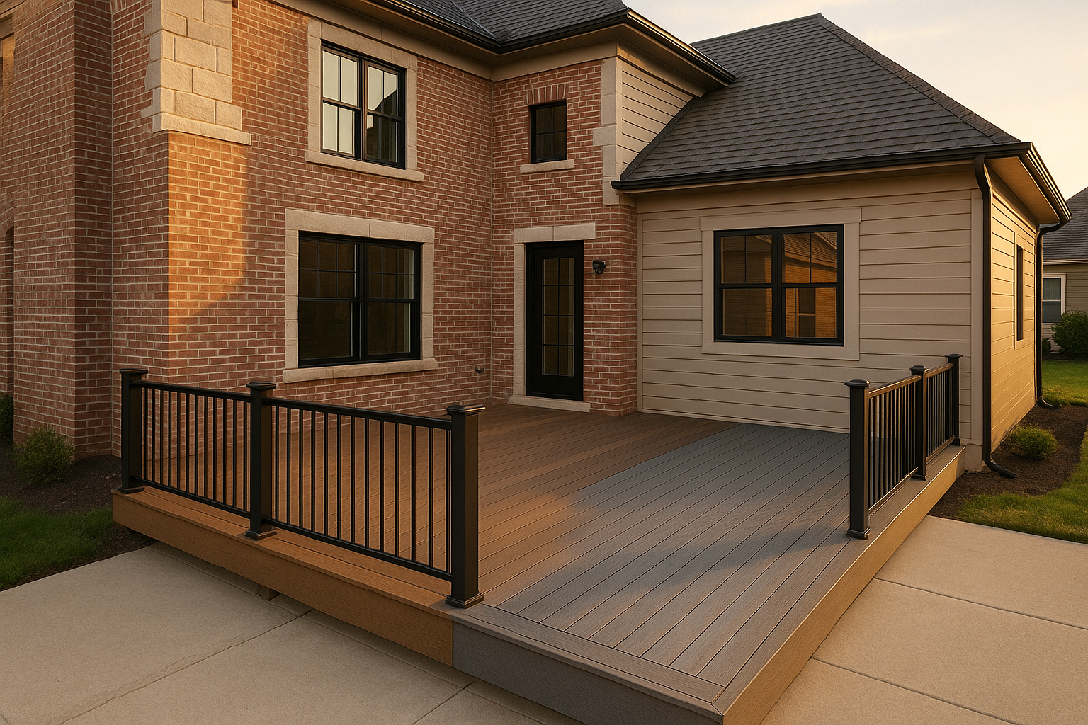 Red brick Indiana house with limestone accents; deck shows warm-taupe/walnut vs cool-gray boards in golden hour light.