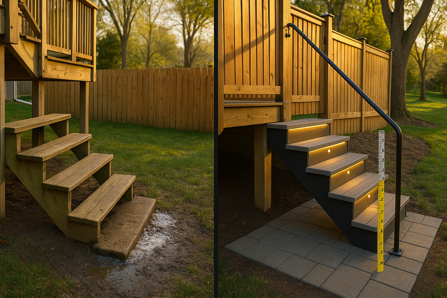 Split-frame backyard: failing straight-run stairs vs corrected stairs with paver landing, composite treads, LED lights, permit sticker.