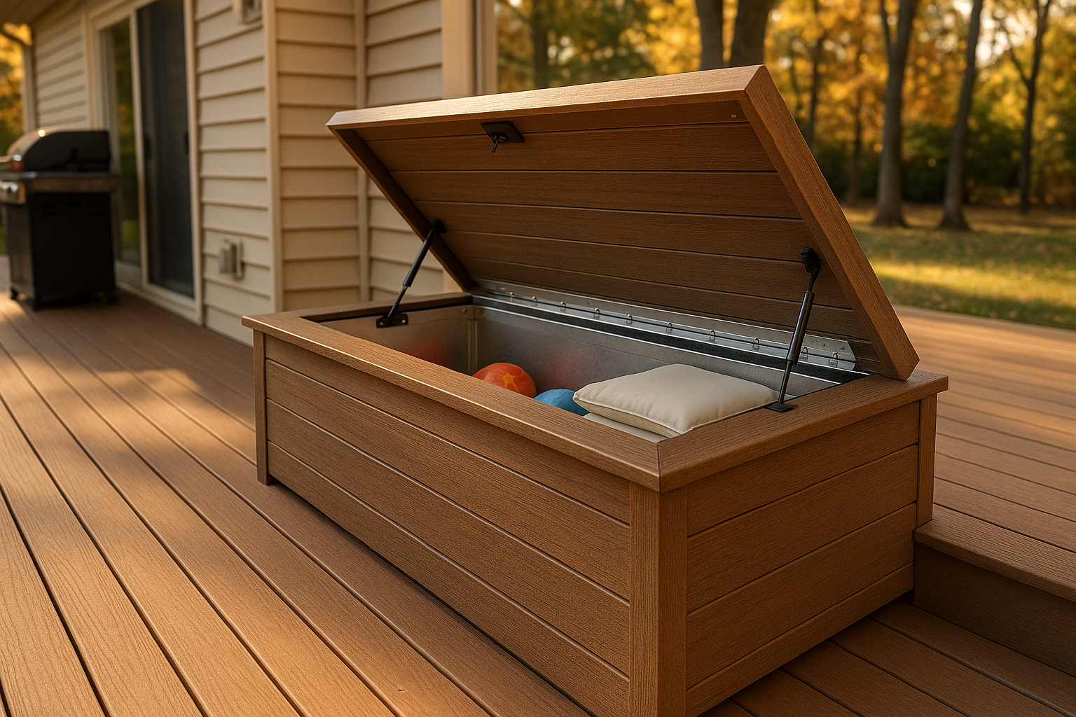 Straight composite deck storage bench with sloped lid, stainless hinge, gasket, open interior liner, golden-hour Indianapolis backyard.