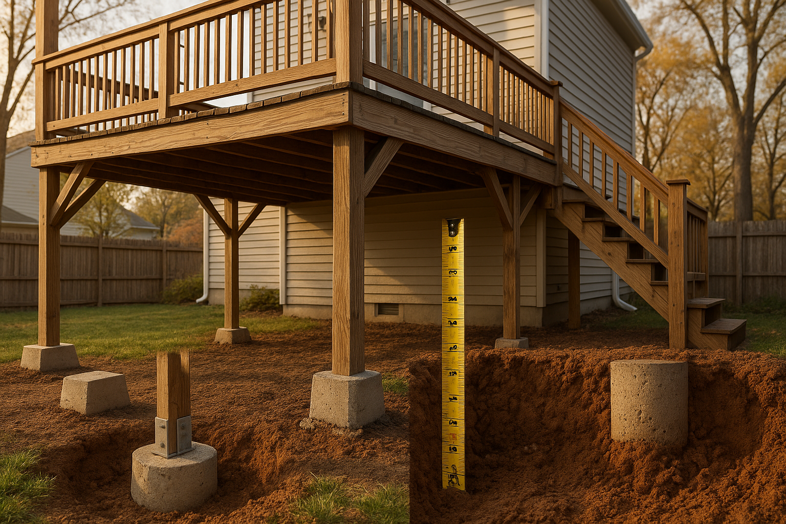 Two-level backyard deck with sagging upper level, loose concrete block posts beside proper footings, diagonal bracing, 36" frost-line tape, golden-hour.