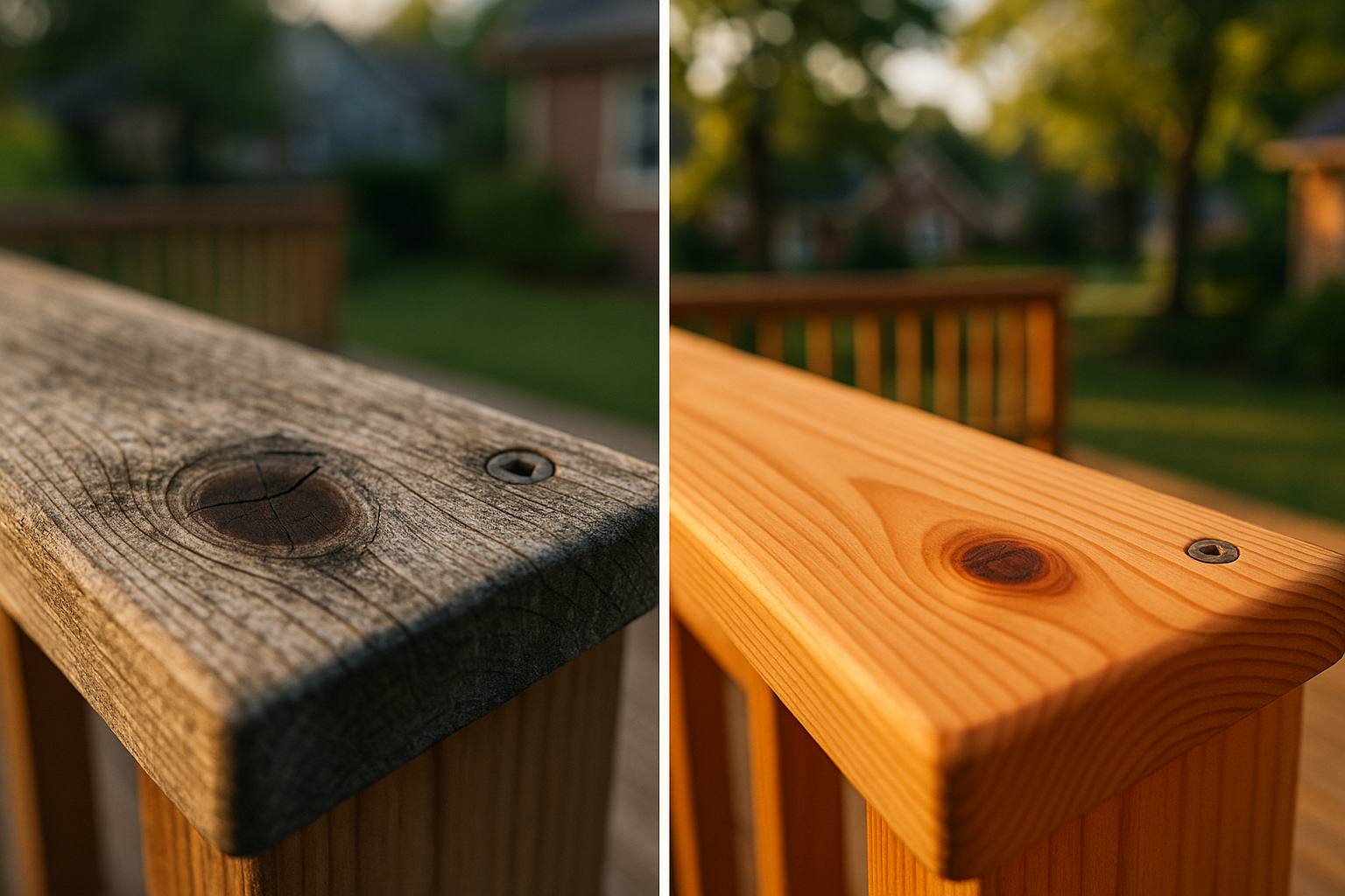 Diptych: stained Western Red Cedar board next to cleaned brightened board, warm golden-hour suburban backyard lighting.