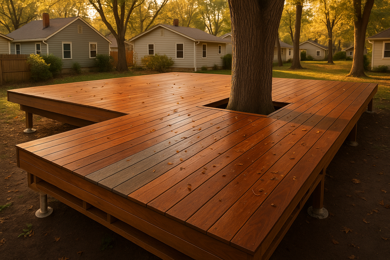 Aerial three-quarter view of finished Ipe deck under mature maples in Indianapolis at golden hour, open under-deck ventilation and cantilevered framing.