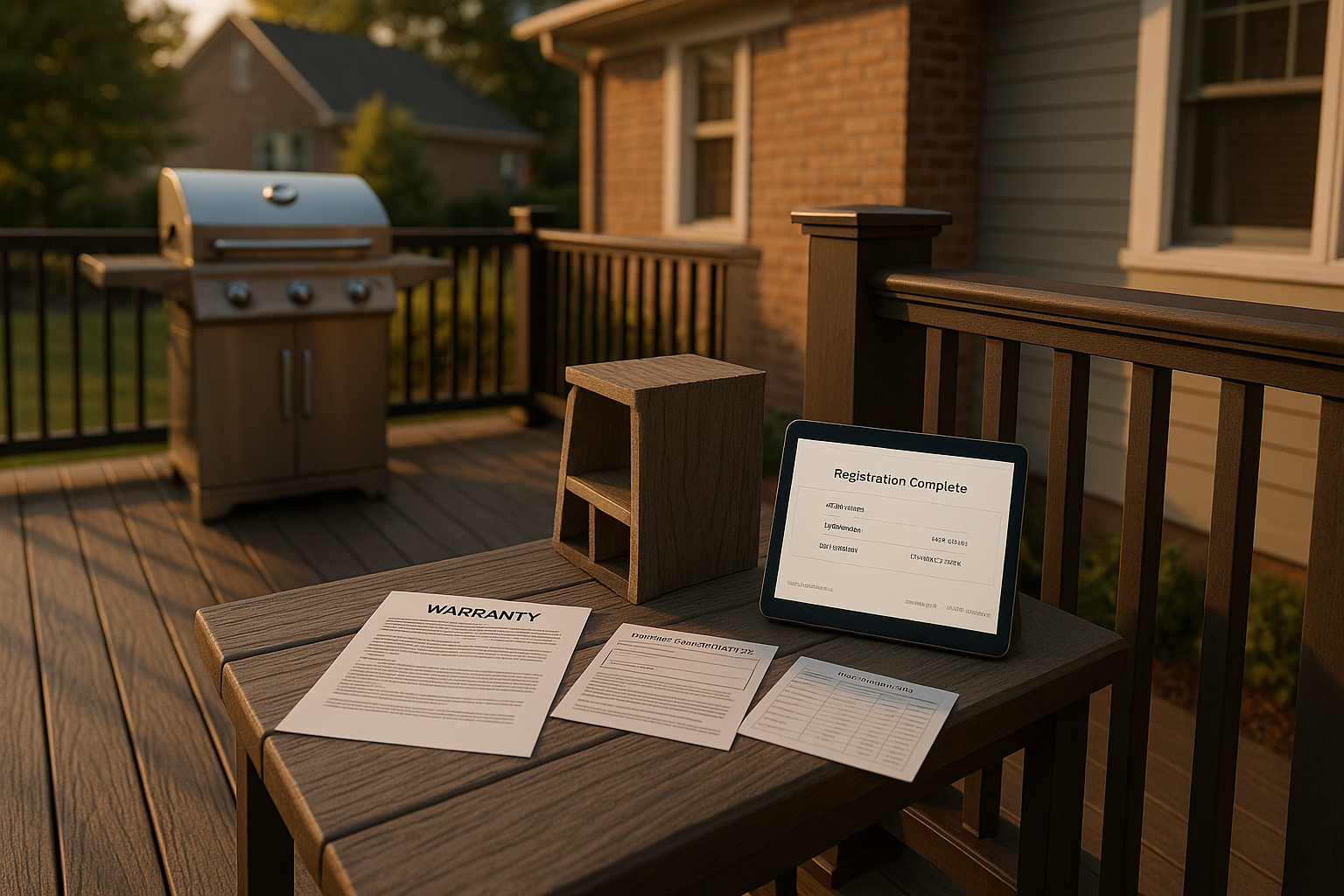 Close-up chalky composite deck near grill with warranty papers and tablet, cross-section sample, warm golden hour Indianapolis backyard.