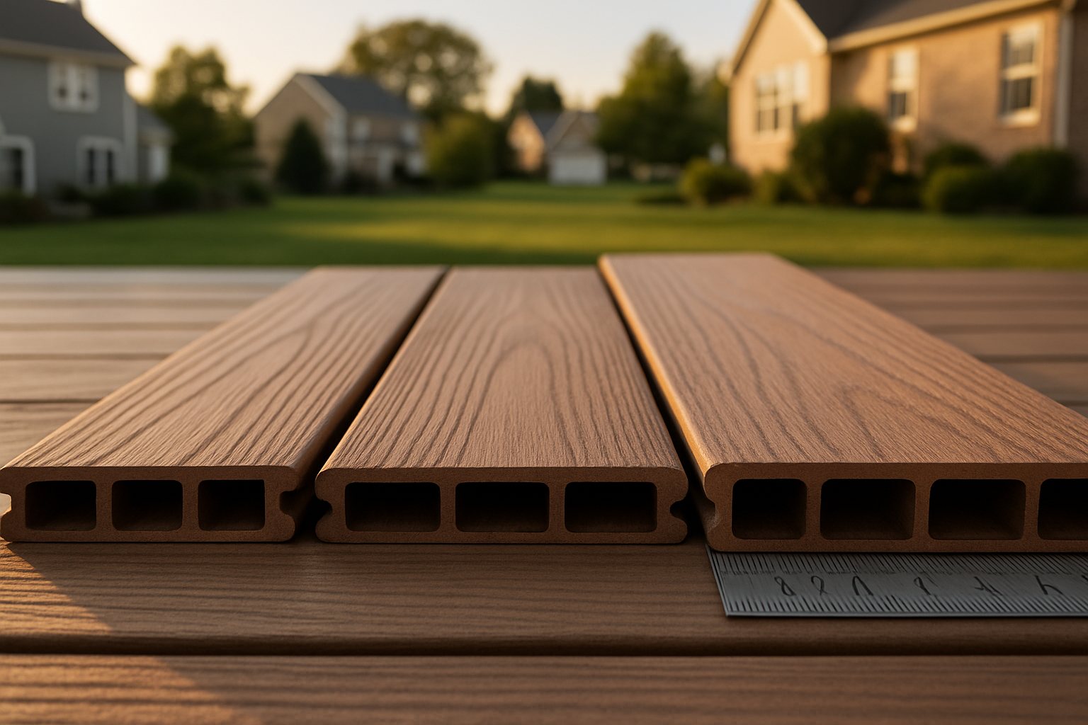 Close-up of three composite deck boards (narrow, standard, wide) under warm daylight in a suburban Indianapolis backyard.
