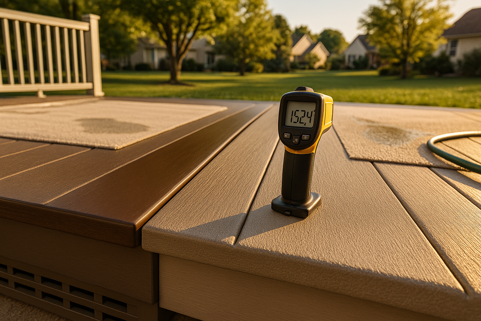 Side-by-side dark glossy and light matte composite boards, tripod infrared thermometer, aluminum railing, rug and hose in golden-hour suburban backyard.