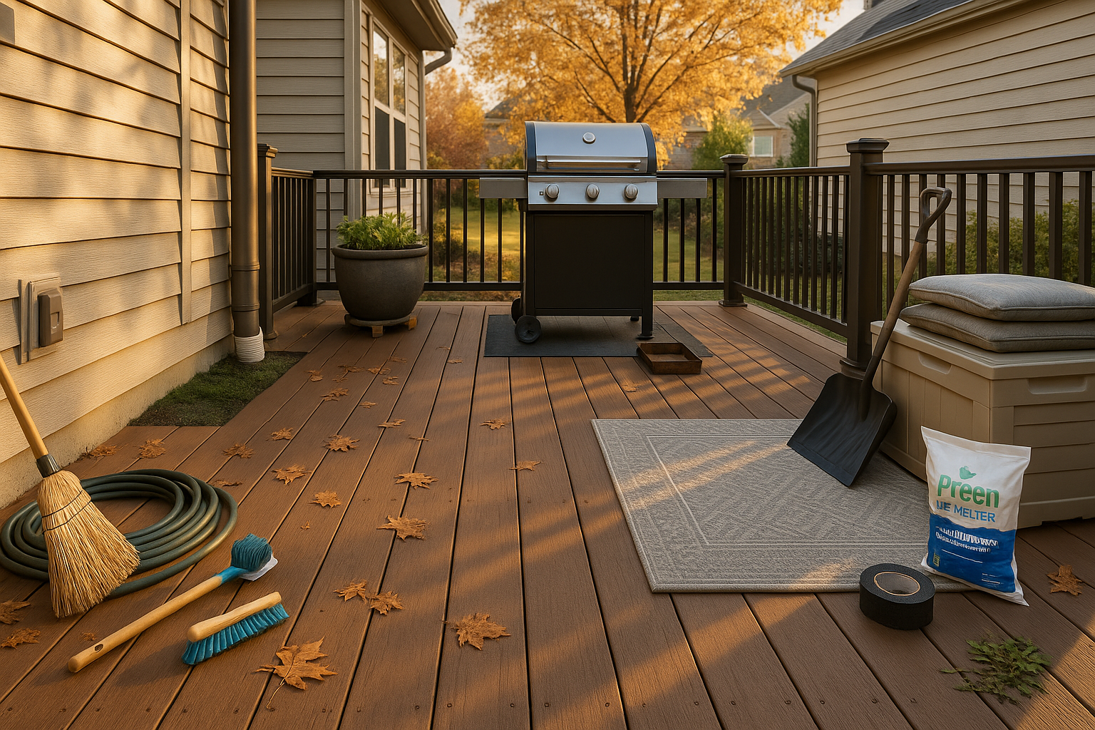 Wide golden-hour view of an Indianapolis composite deck with tools, grill mat, planter, downspout, and storage box.