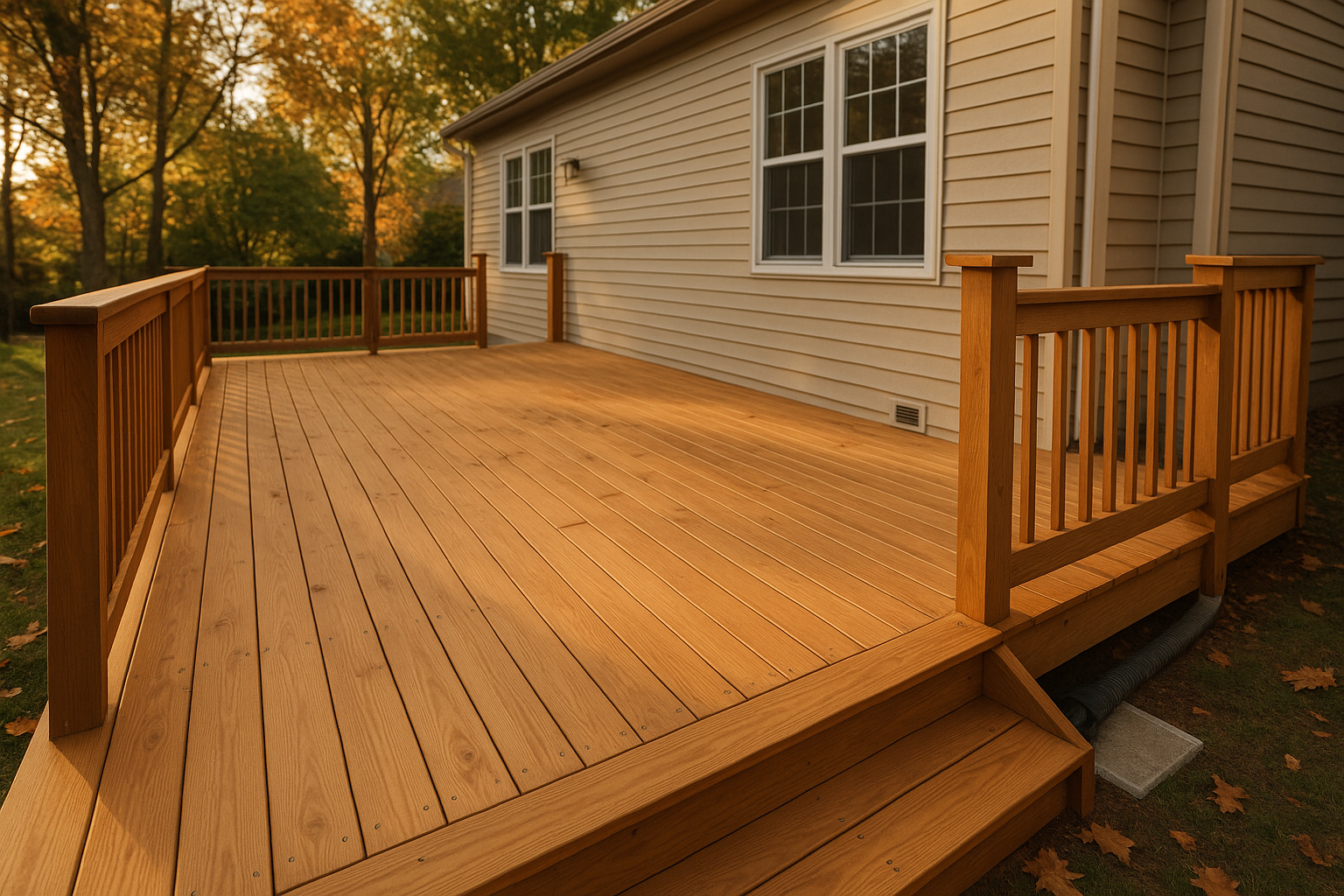 Well-sealed cedar deck at golden hour with repaired boards, railing, splash block and mature backyard trees.