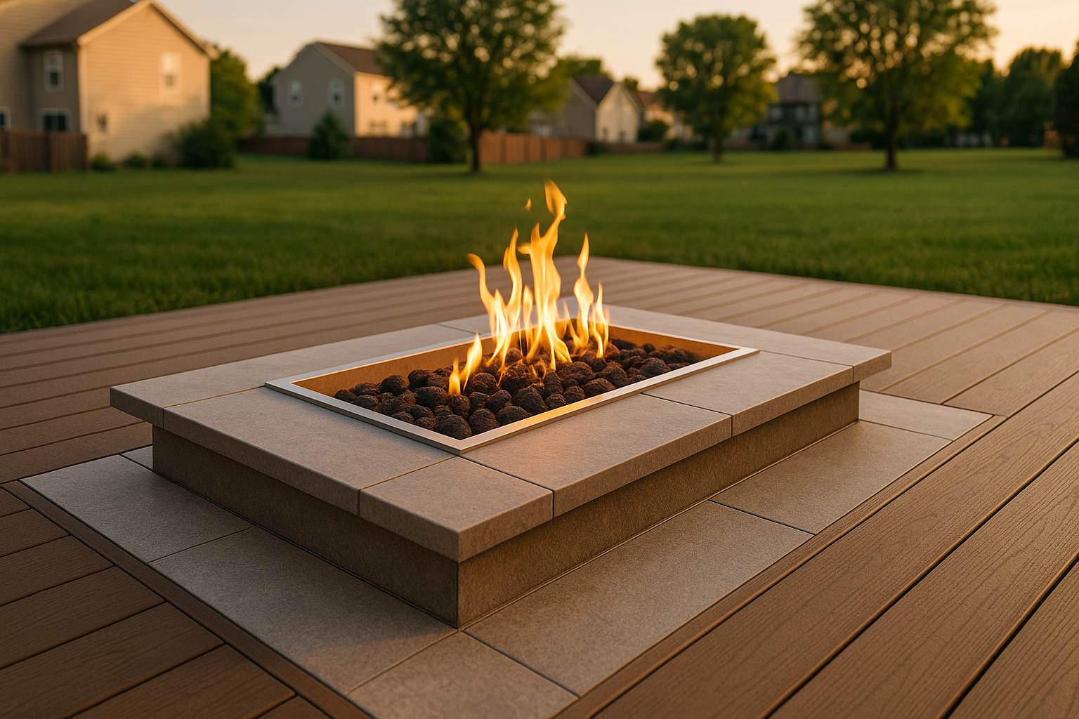 Built-in porcelain paver inlay with integrated gas fire table at golden hour, showing grout and expansion gaps.