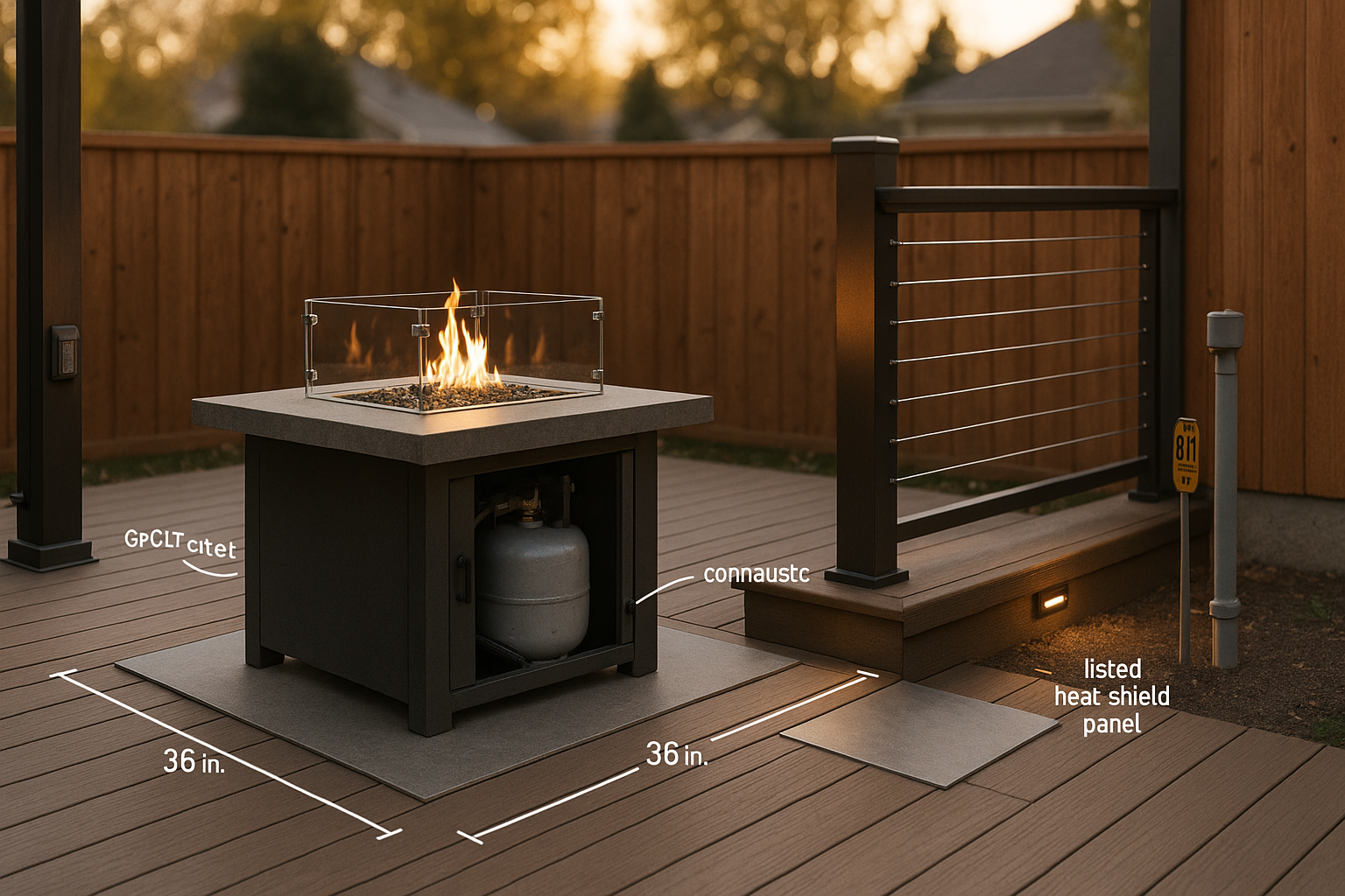 Golden-hour suburban deck with propane fire table on porcelain paver, railings, concealed tank, gas riser, clearance marks.