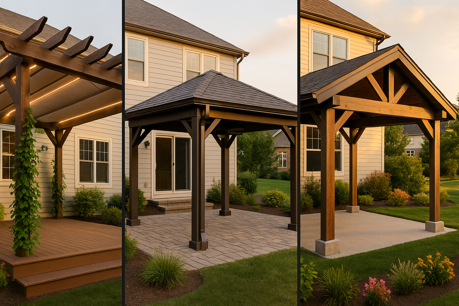 Triptych backyard: open-slat pergola, solid-roof gazebo with gutters, open-sided pavilion; cedar and aluminum, golden hour light.
