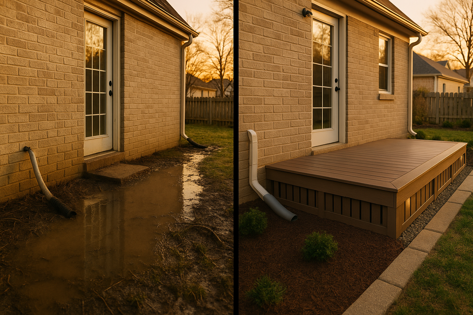 Split-frame before: soggy walkout yard; after: low 8–12" composite deck, vented skirting, downspout extension, golden-hour light.