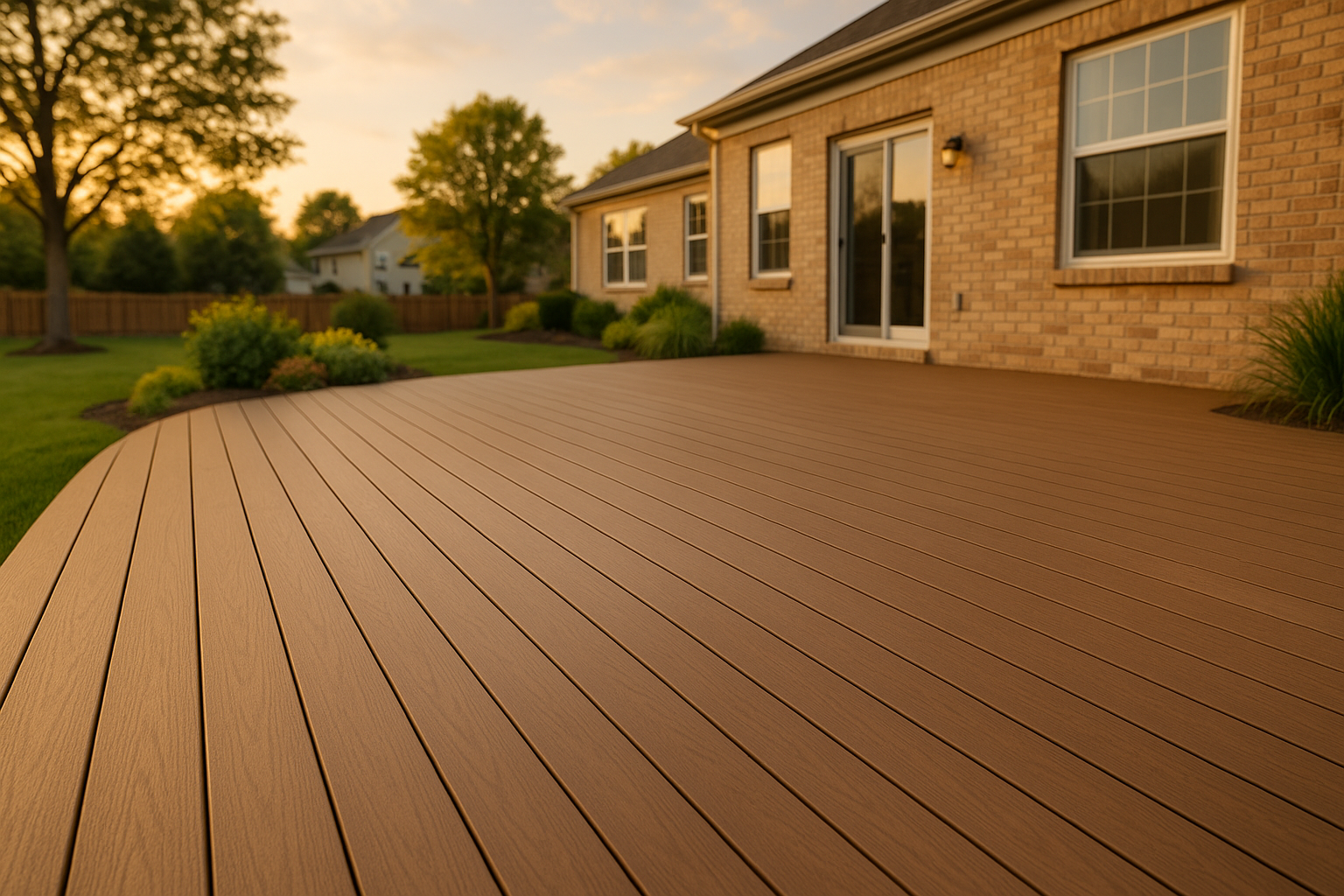 Golden-hour premium composite deck, smooth surface, even gaps, suburban Indianapolis backyard, warm light.