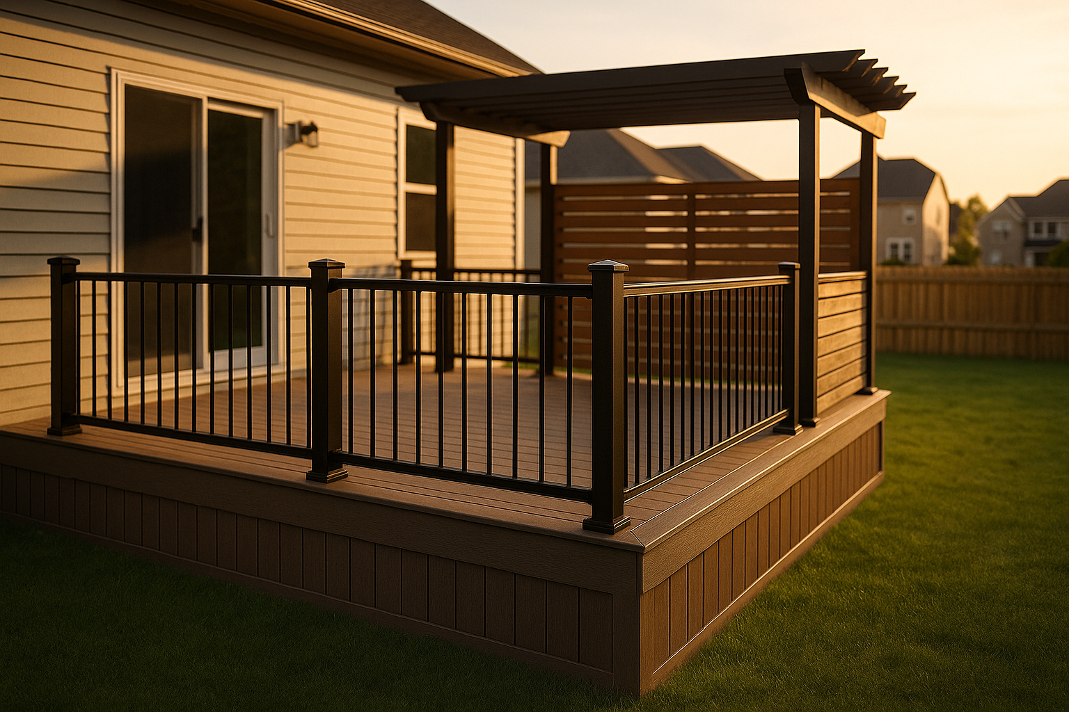 Finished premium composite backyard deck with modern railing and pergola at golden hour in Indianapolis suburb.