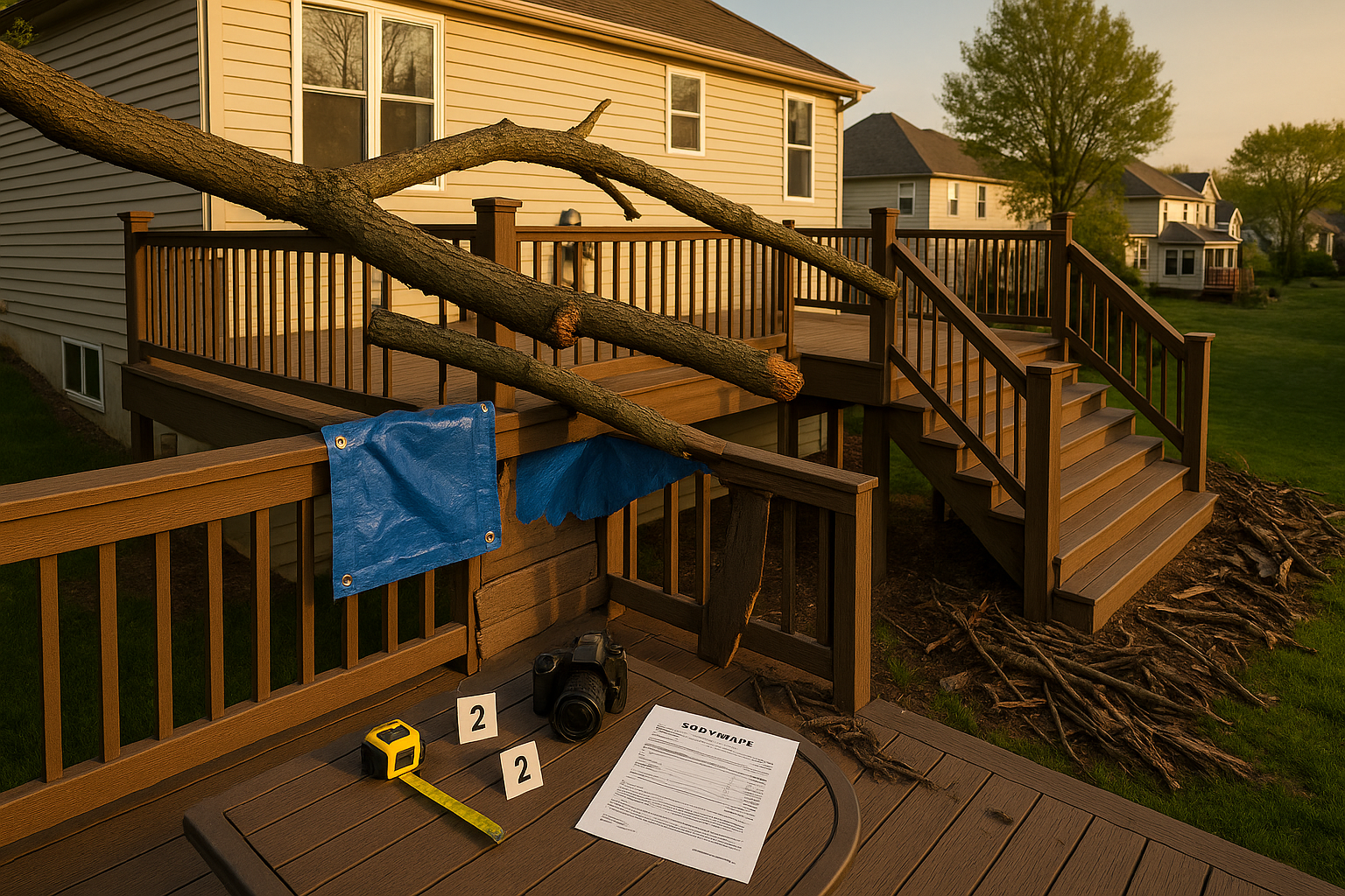 Two-level composite walkout deck with broken top rail, clipped corner, fallen limb, blue tarp, measuring tape, camera, and paperwork at golden hour.