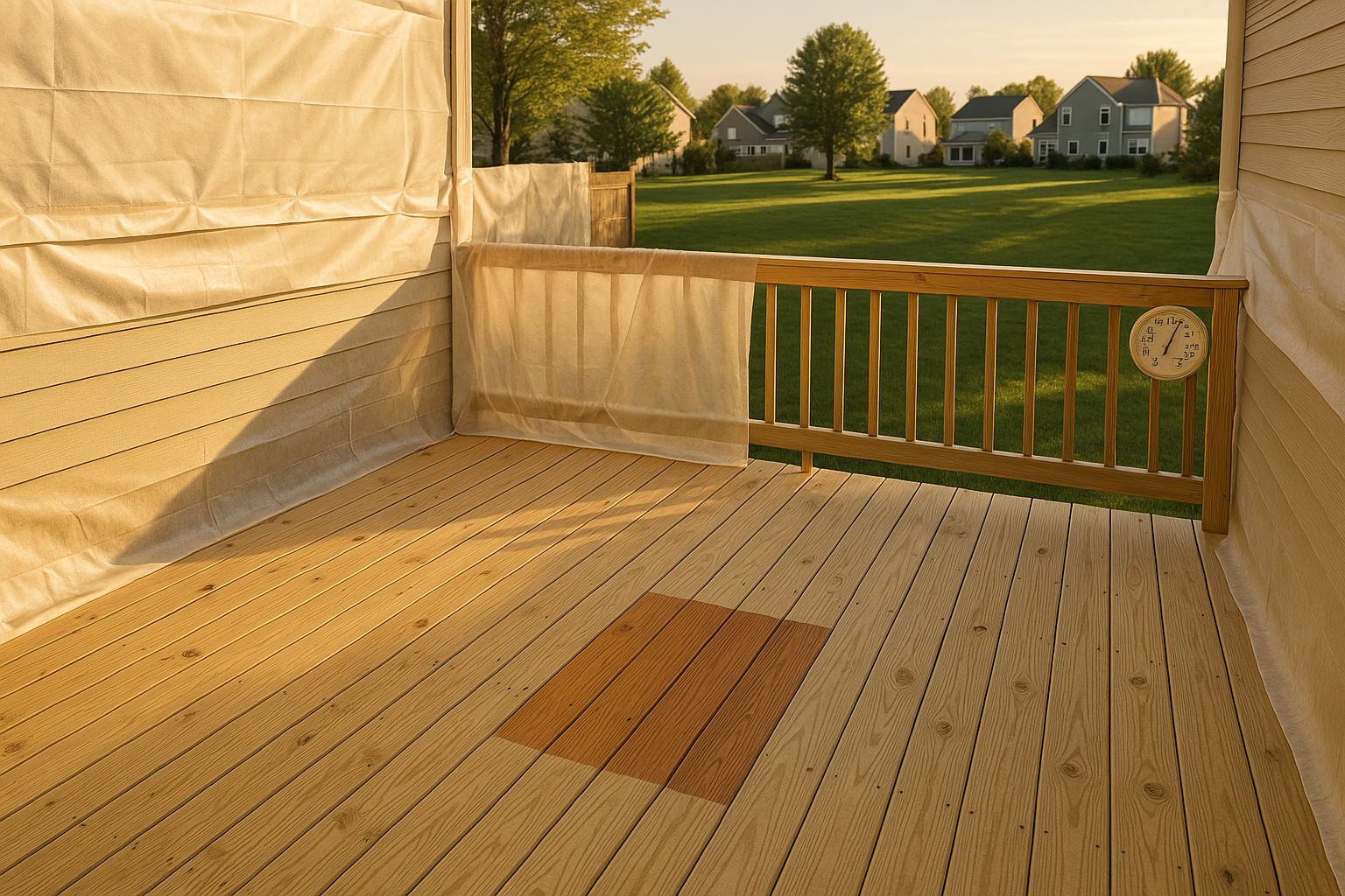 Empty prepped pressure-treated deck in warm golden-hour light, masked-off rail, stain strips, thermometer on rail, suburban backyard.