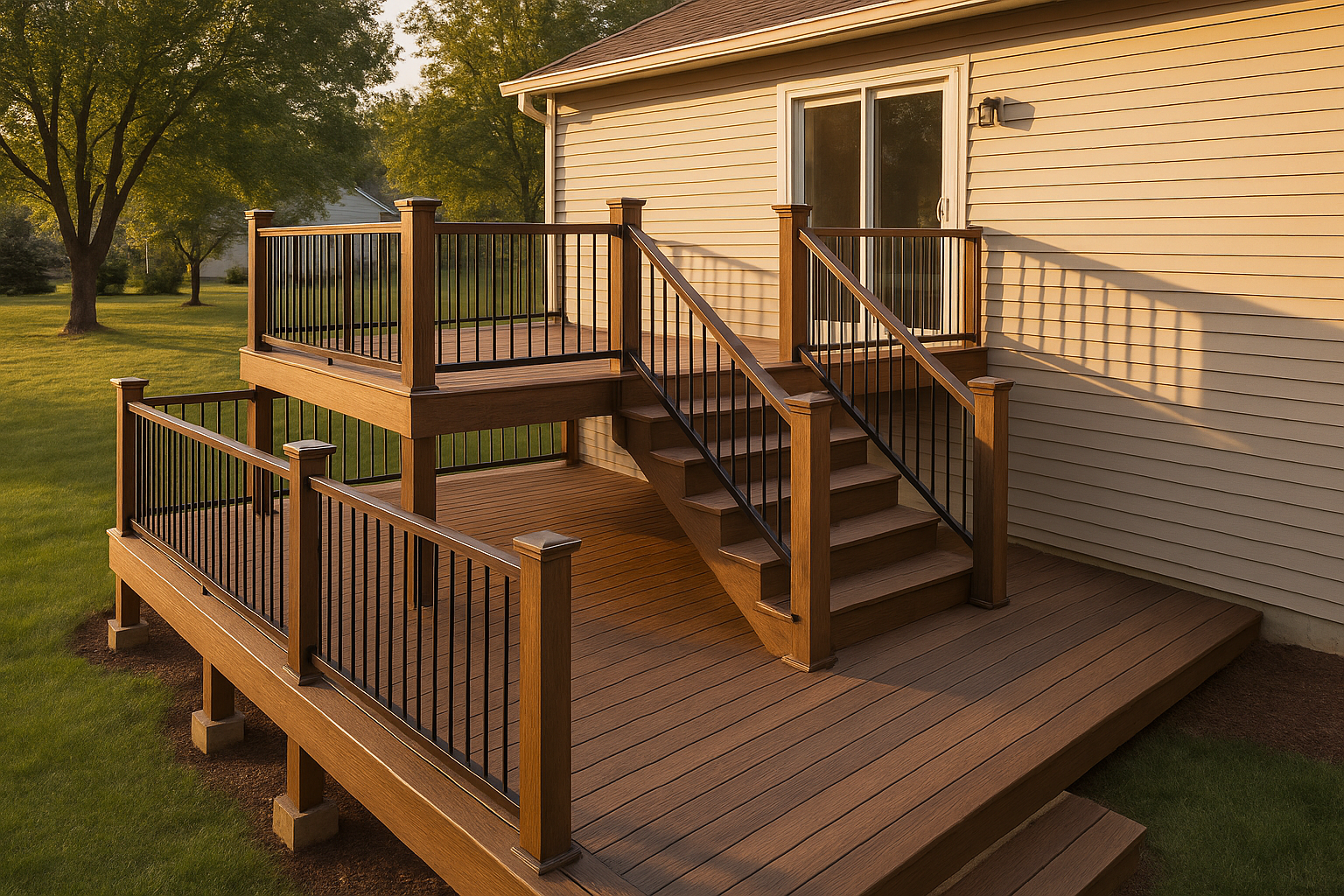 Two-level deck with stairs, mixed wood and composite decking, metal railing and visible concrete footings at golden hour.