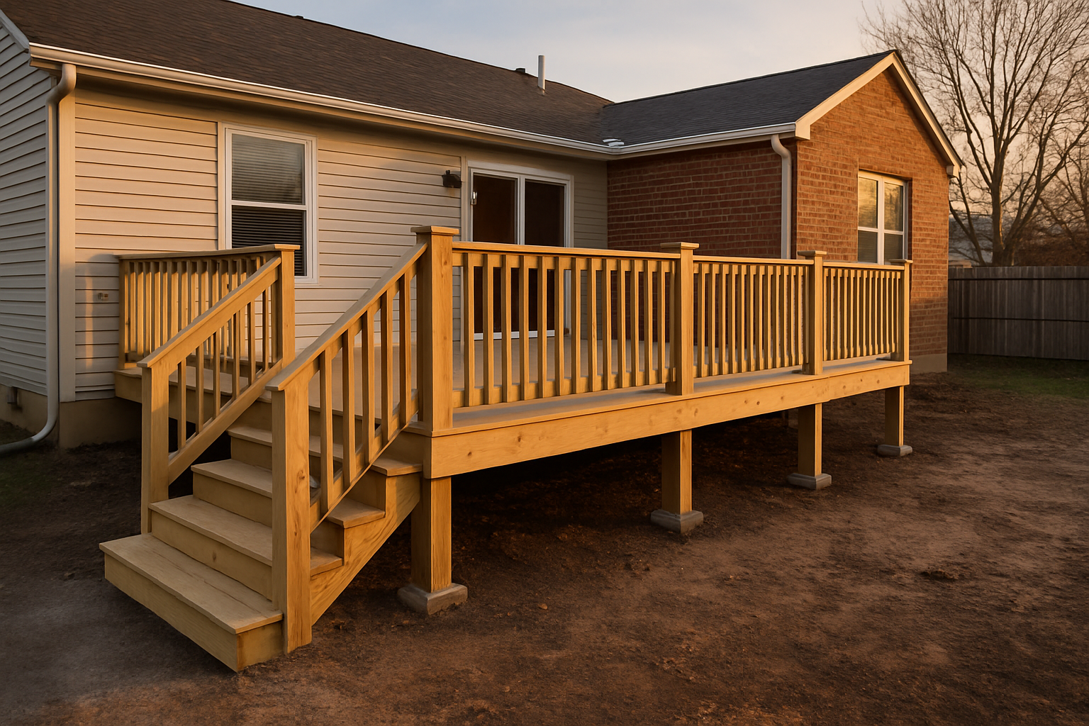 Wide golden-hour exterior view of an Indianapolis single-family home's deck showing ledger, posts, stairs and yard context.