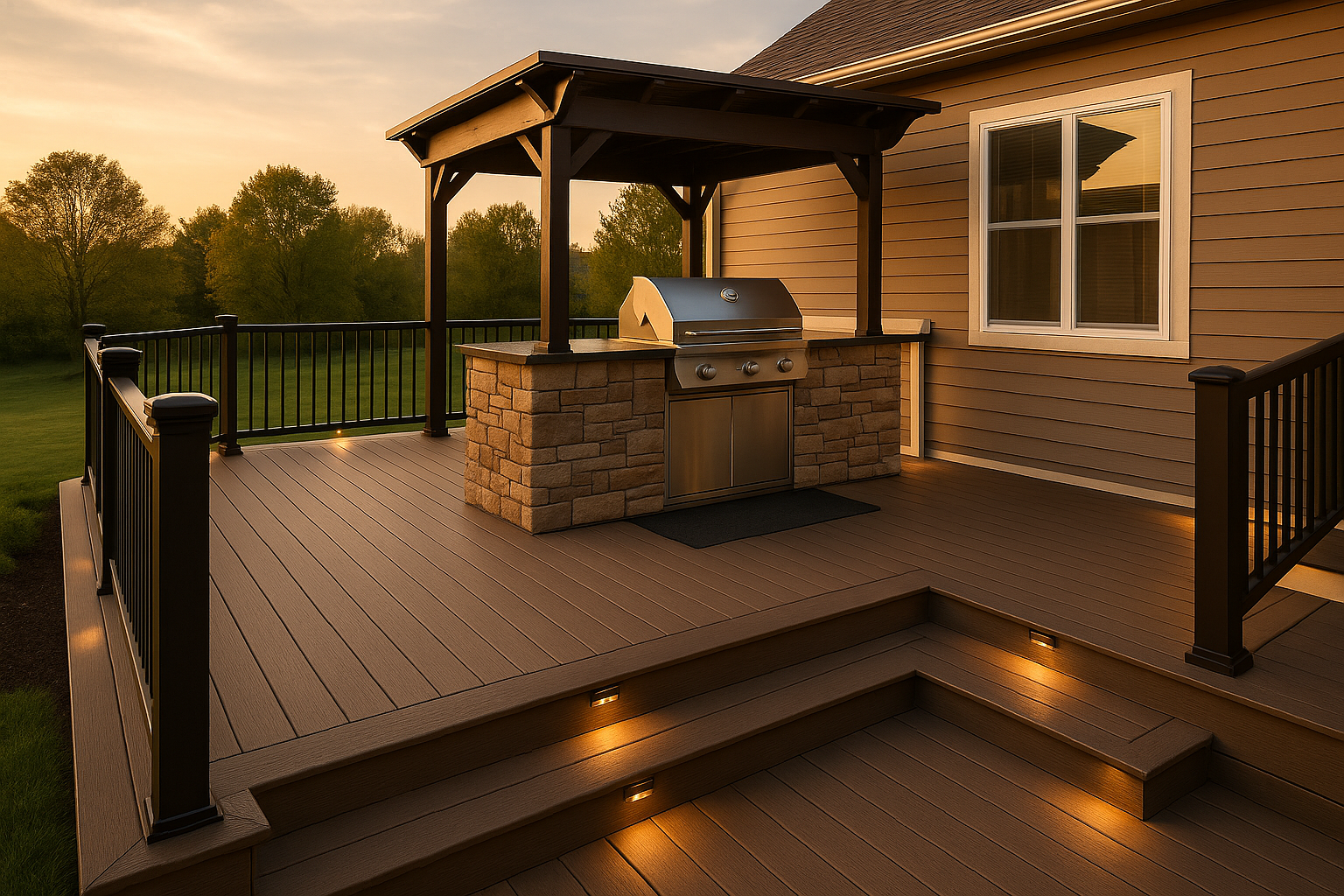 Wide golden-hour view of a finished deck with stone island, composite decking, pergola, railing, and warm deck lighting.