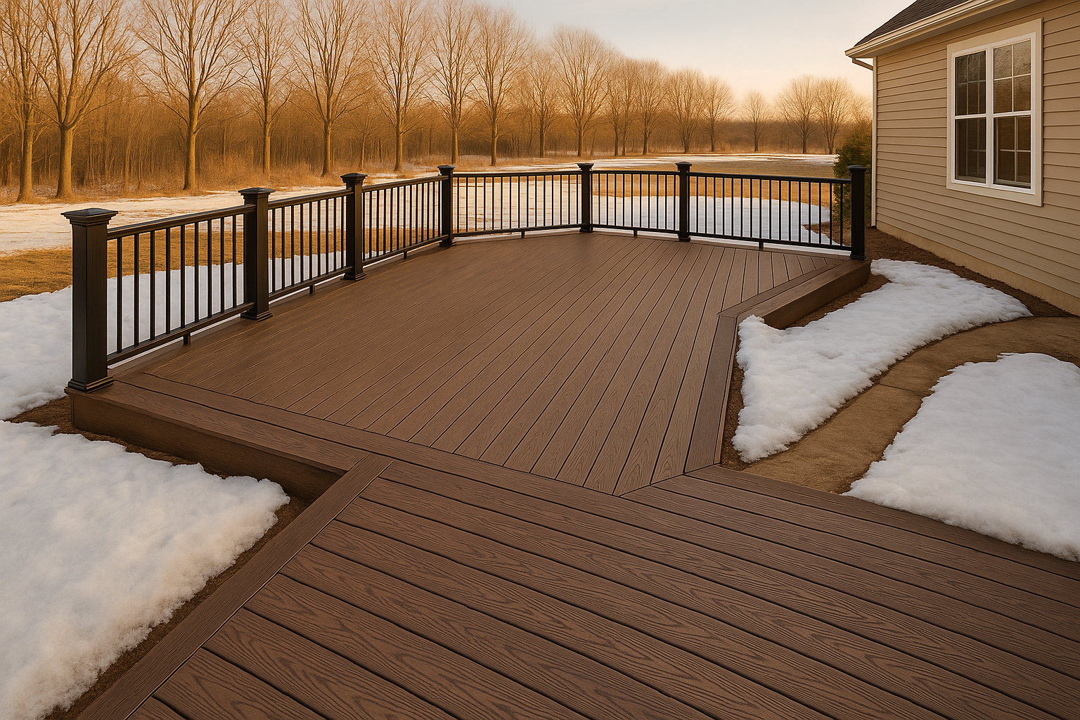 Wide golden-hour exterior of composite deck in Indianapolis backyard with partial snow and cleared walkways.