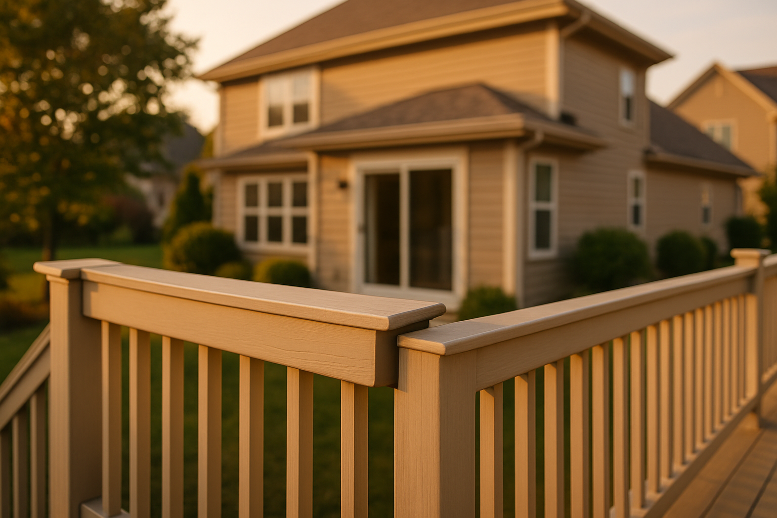 Wide suburban deck, top rail shifted ~2 in, warm golden-hour light, Indianapolis backyard, visible gap at rail connection.