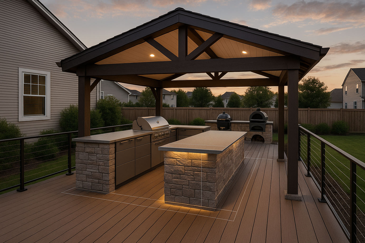 Dusk deck kitchen with stone island, Dekton countertop, pergola, low-voltage lighting, composite deck, cable railing in suburban yard.
