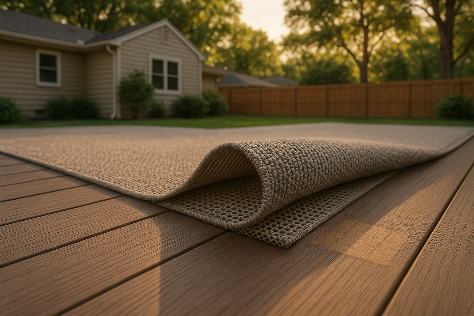 Close-up composite decking with capstock grain, flatweave rug, mesh pad at lifted edge, tan rectangle; warm golden hour suburban backyard.