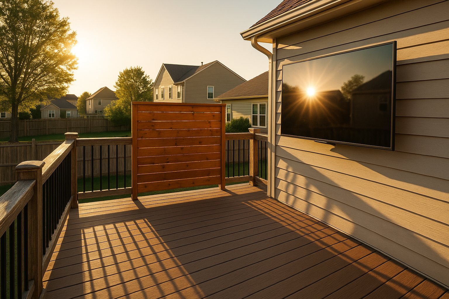 Second-story Indianapolis deck at golden hour with 65-inch TV showing strong west-facing glare; composite deck, cedar screen, neighbor fences visible.