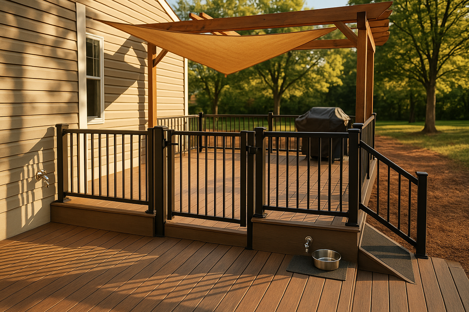 Wide golden-hour backyard deck in Indianapolis with composite boards, pergola shade, hose bib, water bowl, ramp, hidden fasteners, no people.