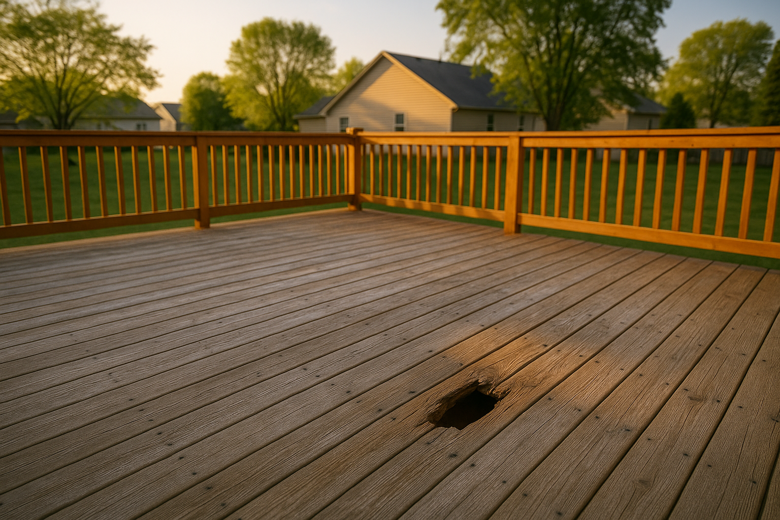Wide golden-hour backyard cedar deck with one foot-sized rotten board hole, weathered planks, suburban yard backdrop.