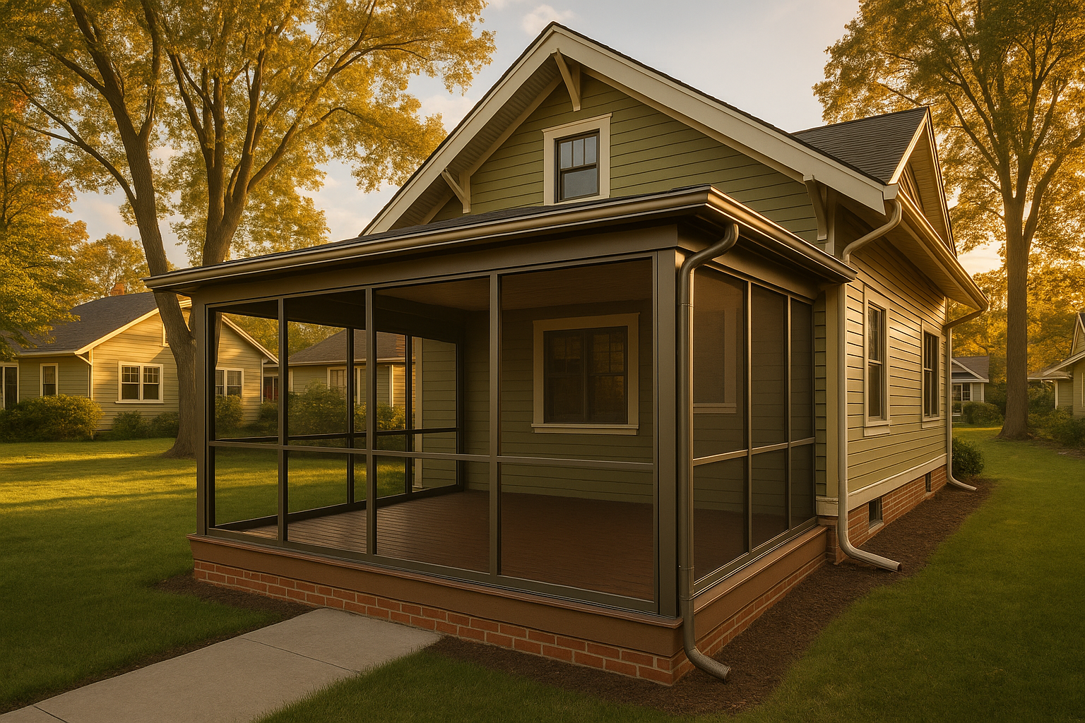 Wide exterior of a mid-century/craftsman Indianapolis home with integrated screened porch, aluminum frames, composite decking, golden hour light.