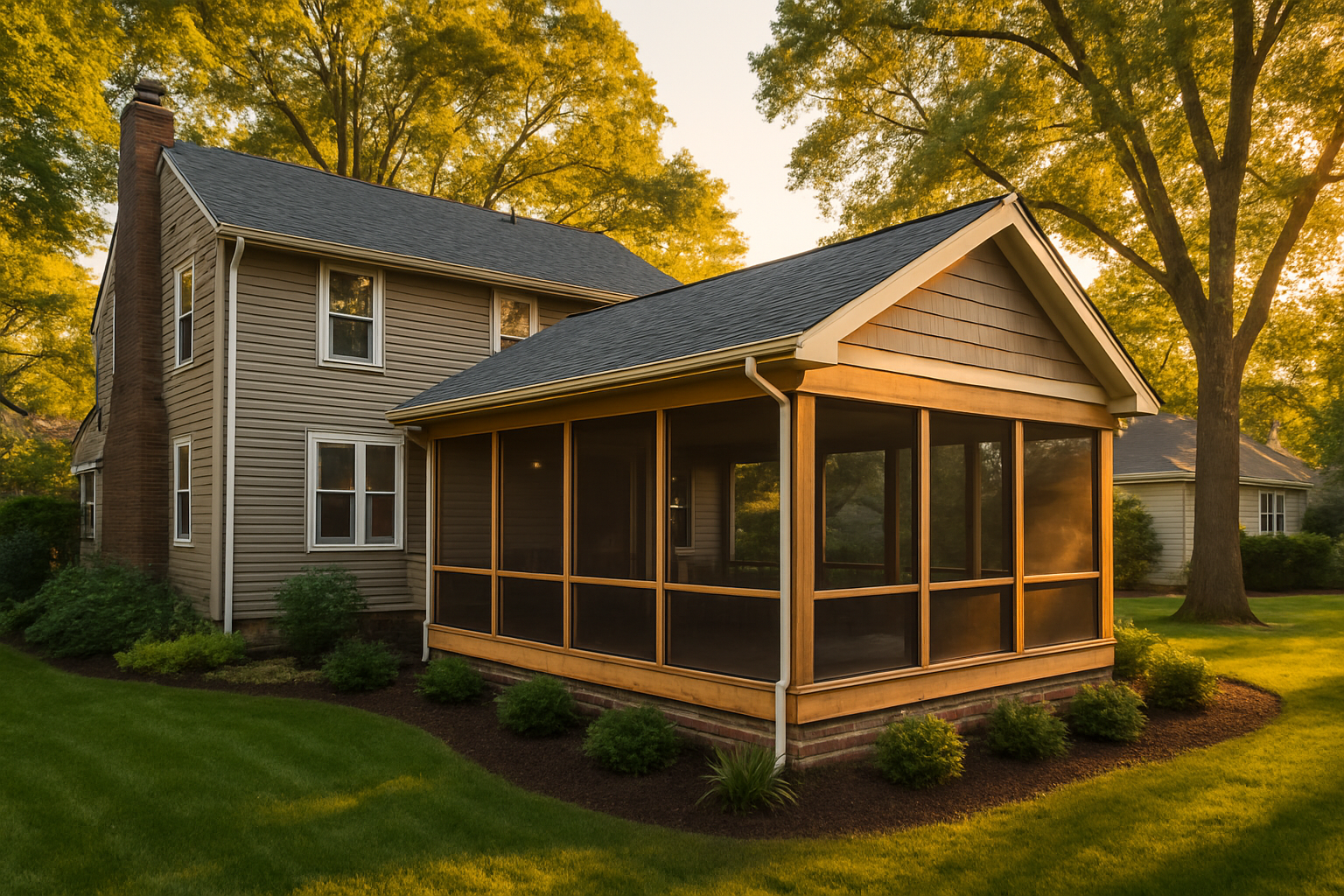 Wide golden-hour exterior of attached screened porch with visible roof tie-in and mature maples in Indianapolis setting.