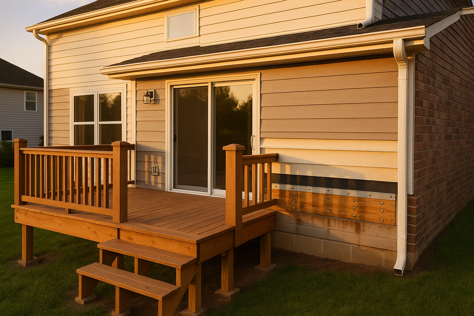 Wide golden-hour exterior of an Indianapolis home showing deck-to-house ledger, lifted siding, Z-flashing, butyl membrane, fasteners and shoring.