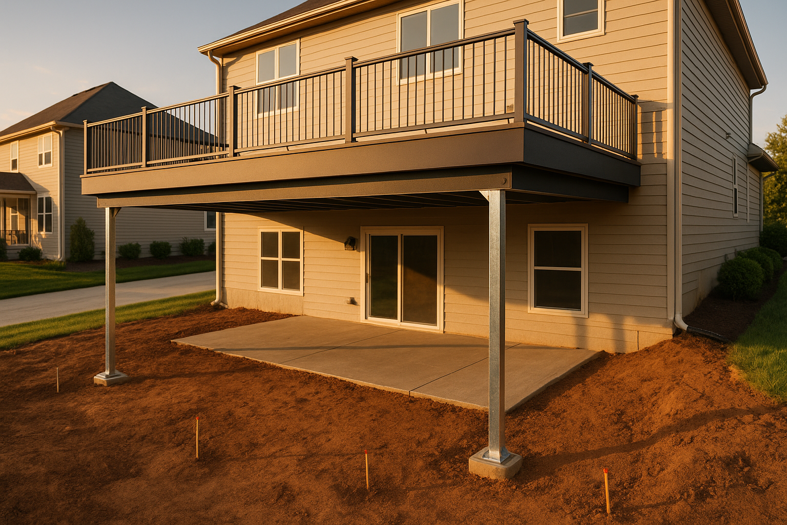 Two-story galvanized steel-framed deck clear-span over walkout basement, composite decking, warm golden-hour suburban setting.