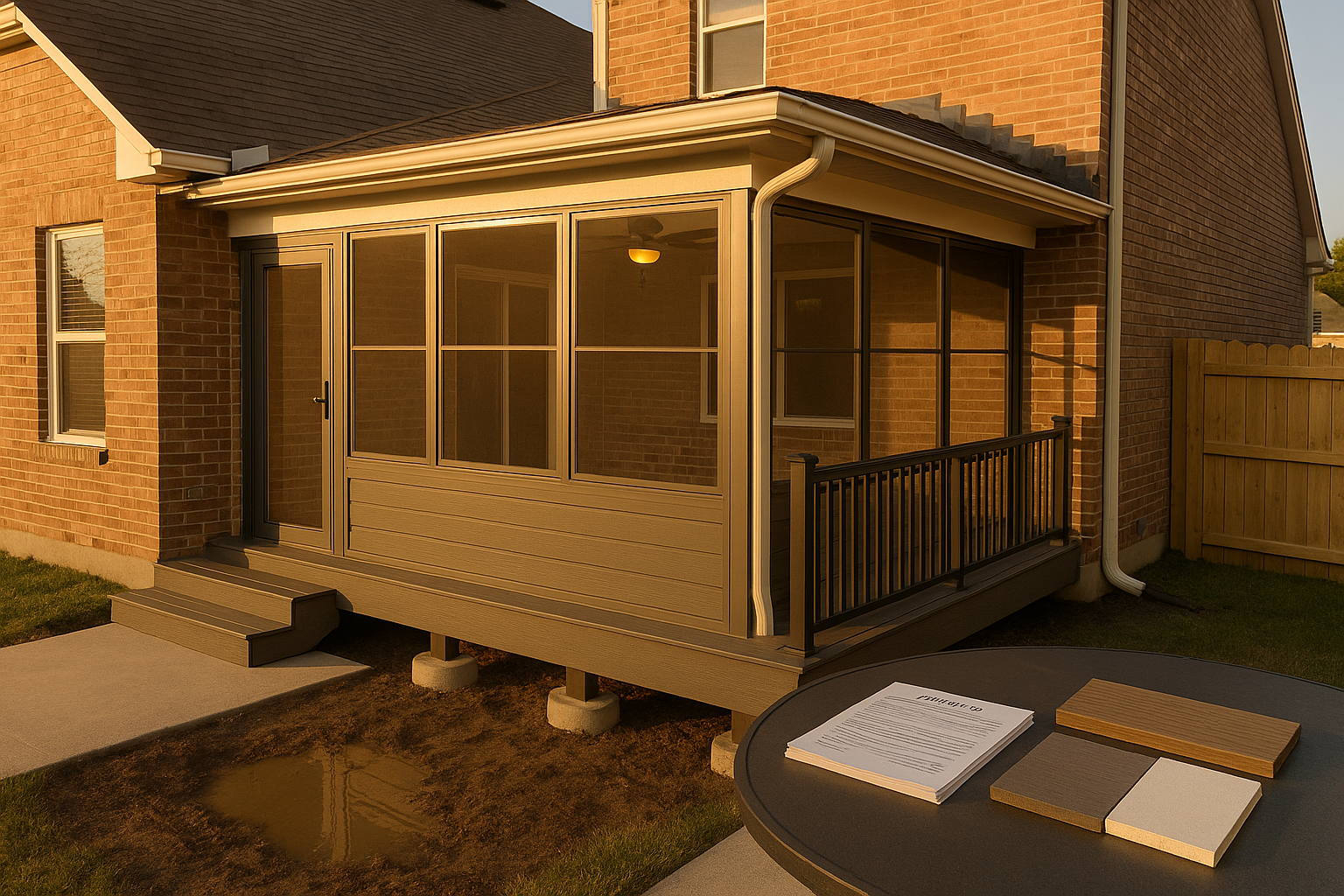 Wide golden-hour backyard view of brick house with three-season room, Eze-Breeze vinyl panels, sliding glass door, deck, flashing and permit stack.