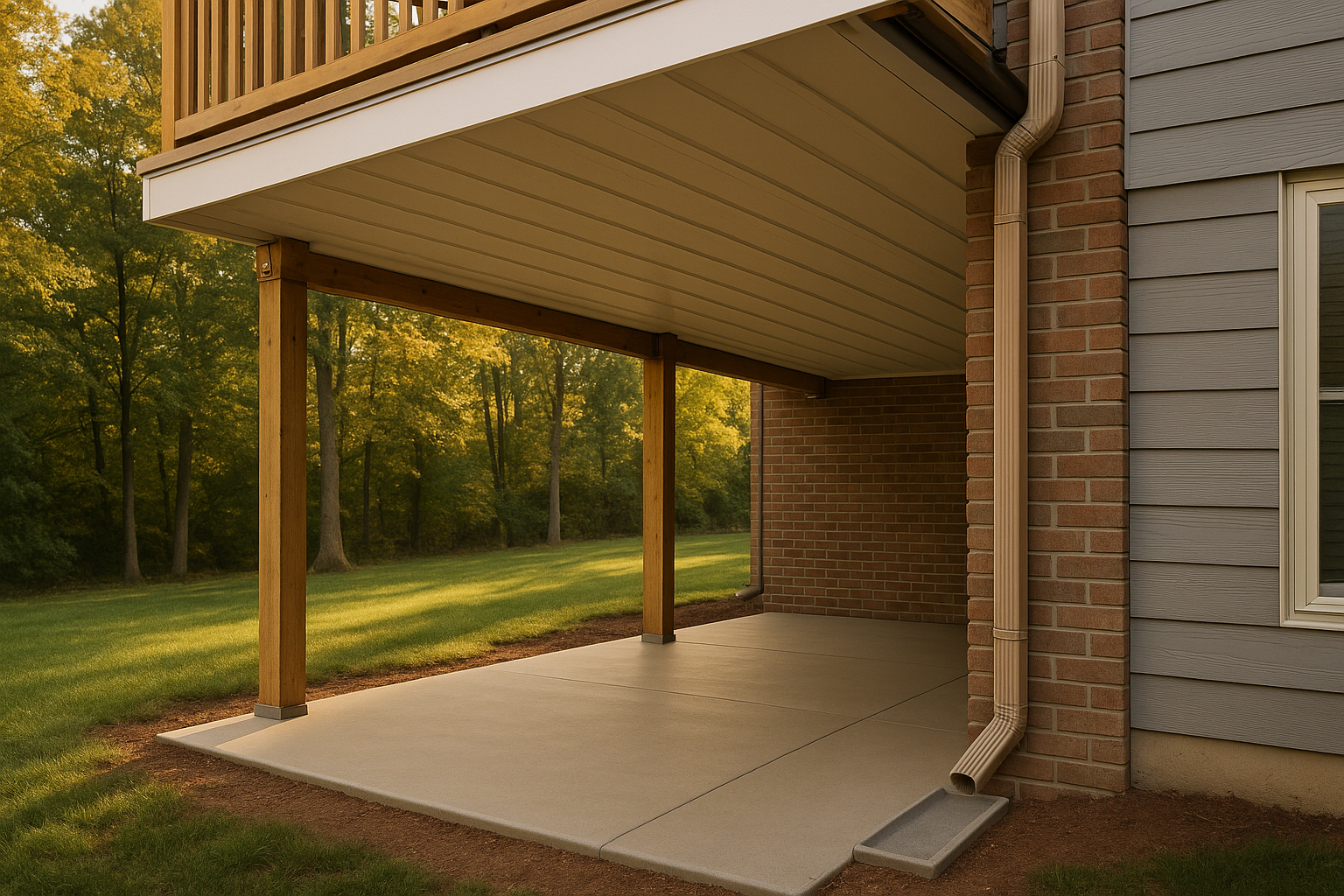 Finished dry under-deck patio with under-joist panel ceiling, hidden gutters, oversized downspout, splash block, warm golden hour, Indianapolis yard.