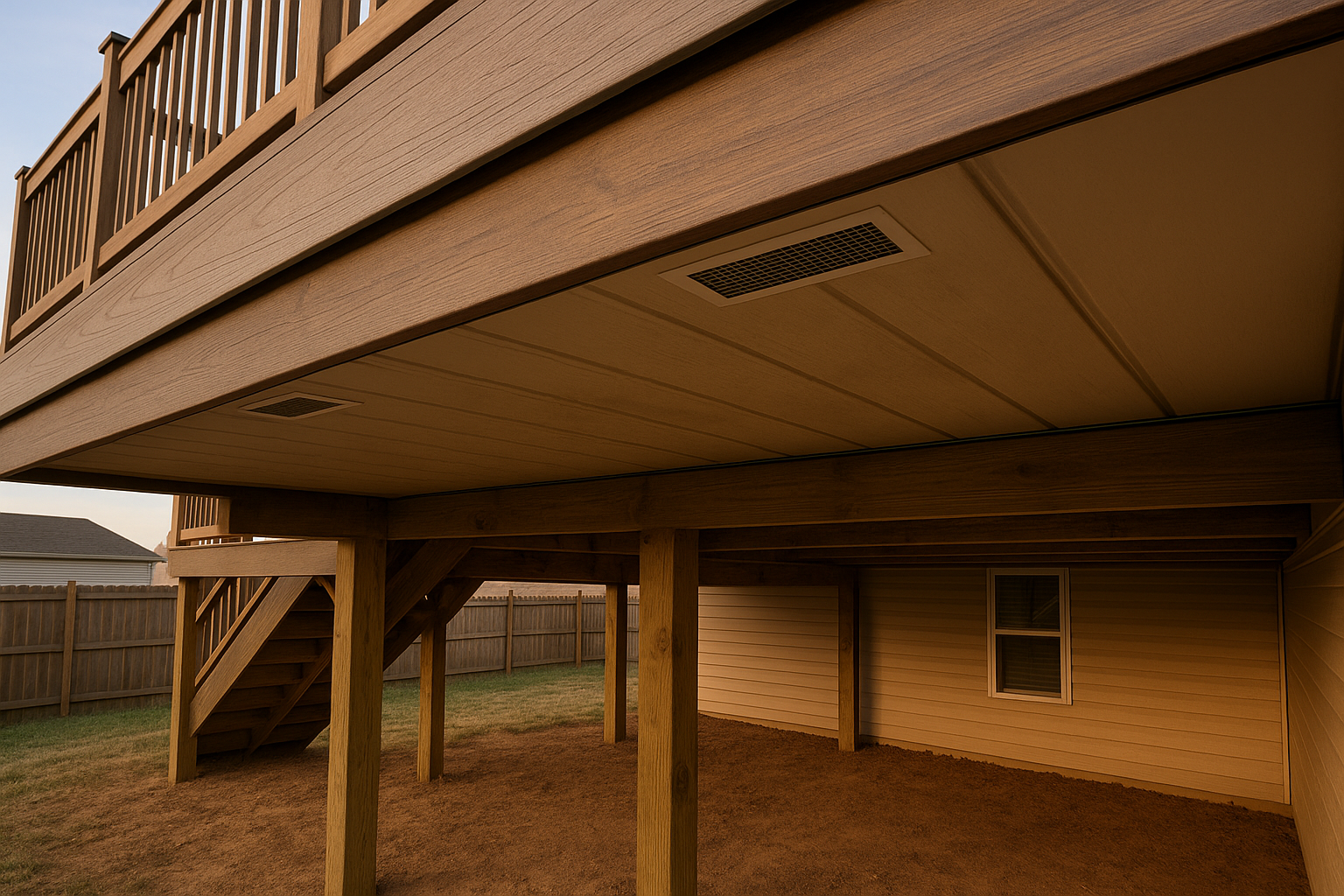 Under-deck drainage ceiling with soffit intakes and outer exhaust slot, warm golden-hour suburban setting.