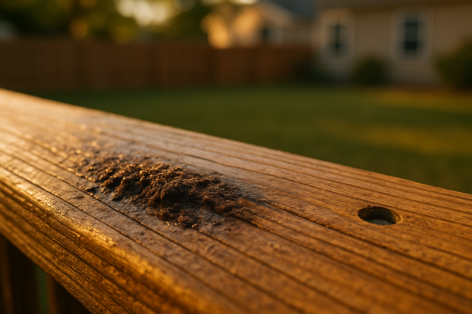 Macro close-up of damp, dark 'punky' deck board with moisture staining and compressible wood texture, golden-hour light, suburban backyard.