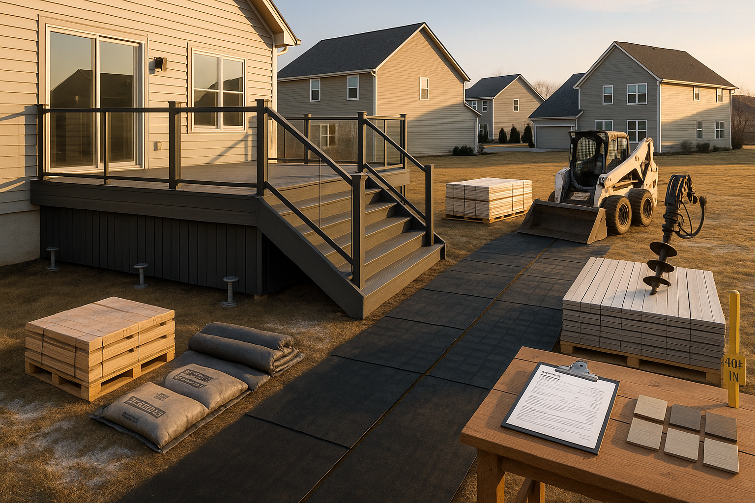 Two-level composite deck in suburban Indianapolis backyard, winter light, exposed helical piers, pallets of decking, skid-steer staged.