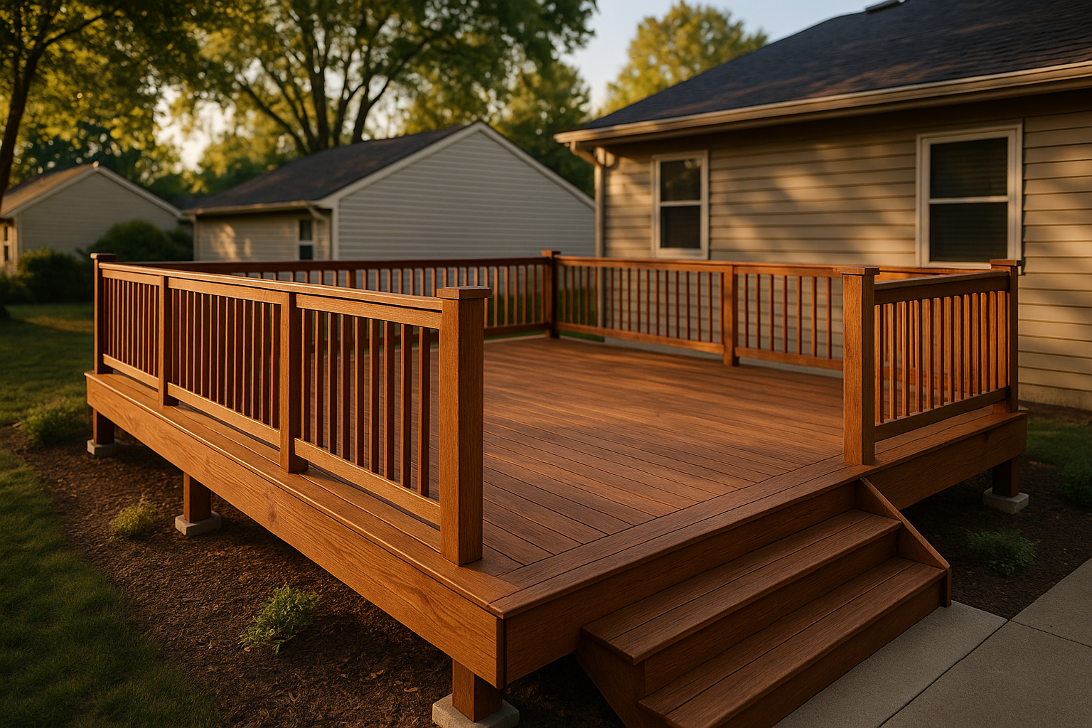 Full-width premium wood deck on an Indianapolis suburban lot at golden hour, elevated 16x20 deck, stairs and continuous railing, warm light.