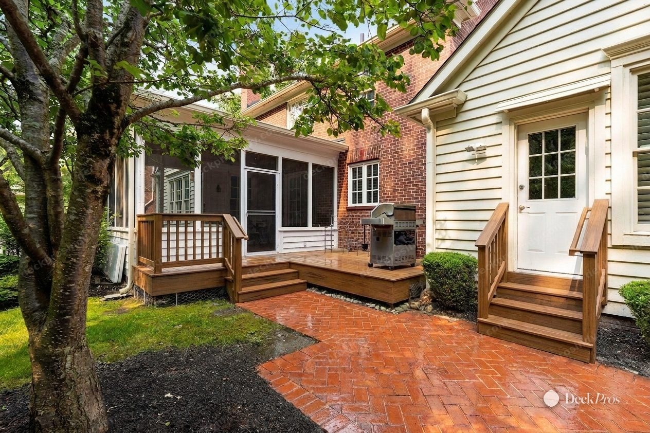 The same deck after refinishing: warm honey-toned wood on the deck, steps and railings, with the brick pavers cleaned back to a warm terracotta.
